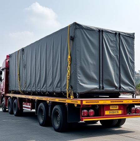 Heavy duty flatbed trailer with industrial cargo