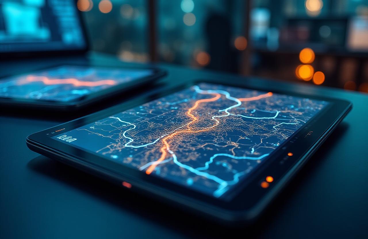 Tablets displaying real-time GPS tracking data inside a logistics office cabin