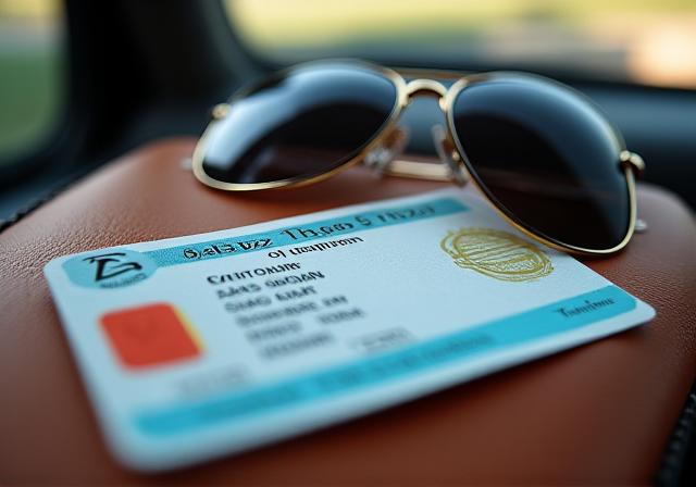 Close up of a driver license and dashboard