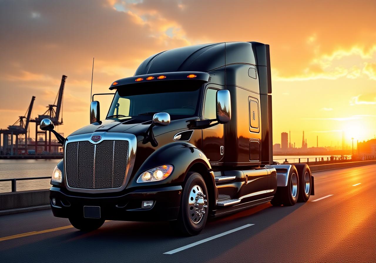Close up of a modern heavy-duty truck with chrome detailing against a sunset skyline