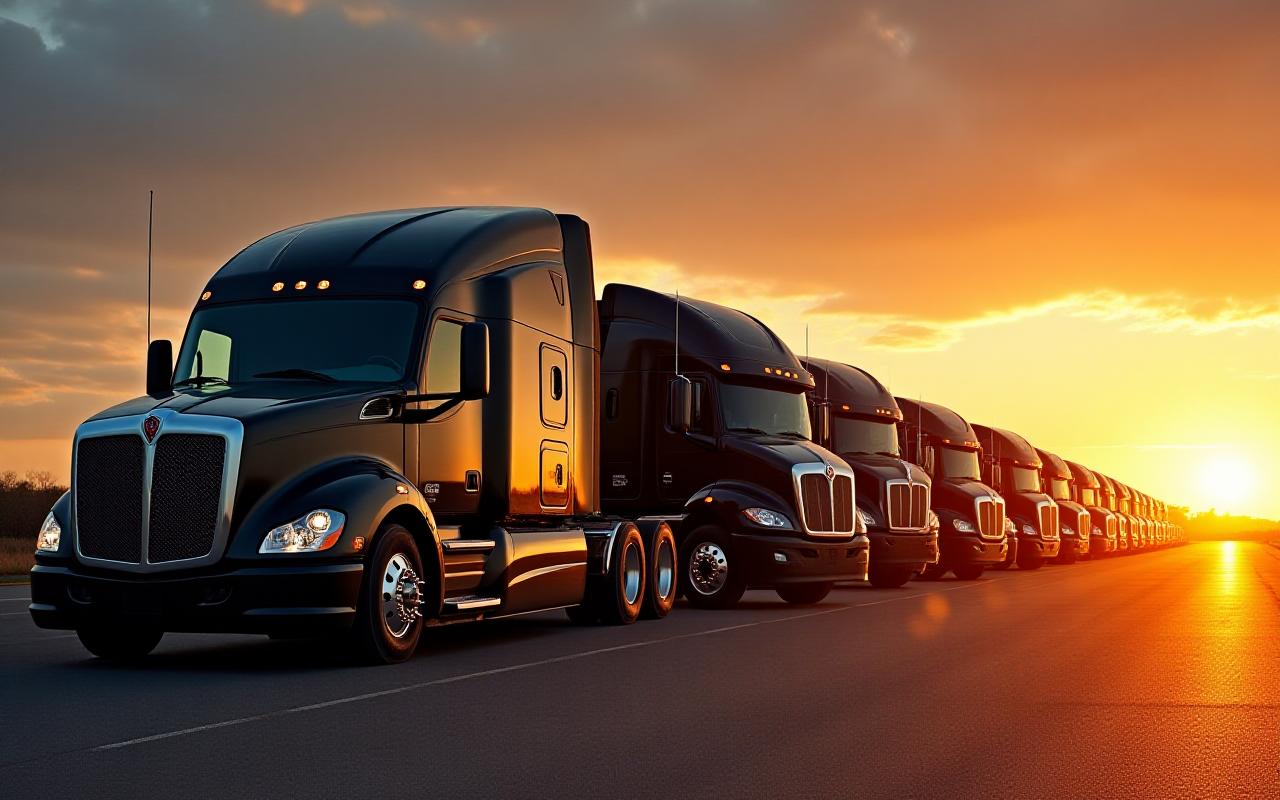 Row of modern Immensus Supply Chain Management USA LLC heavy-duty trucks