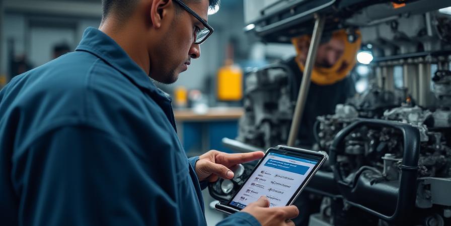 Mechanic inspecting a truck engine